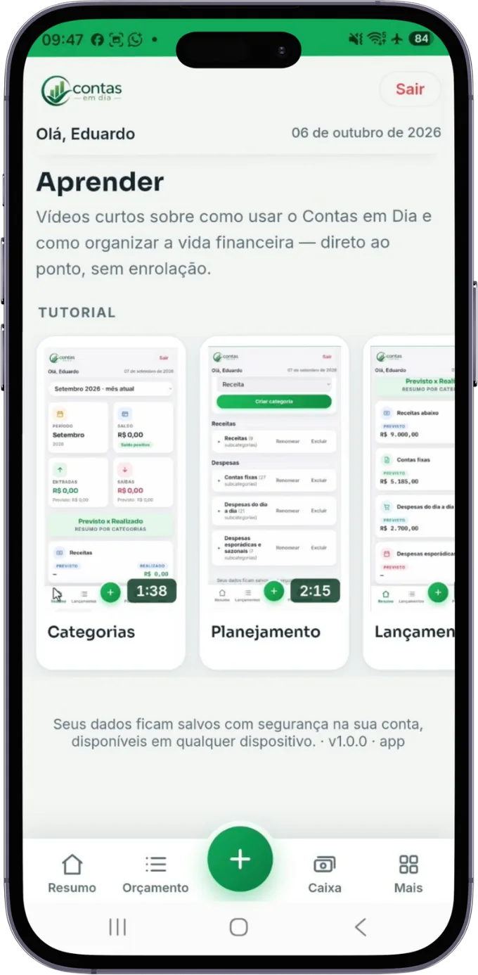Tela do Espaço Aprender com vídeos de tutorial