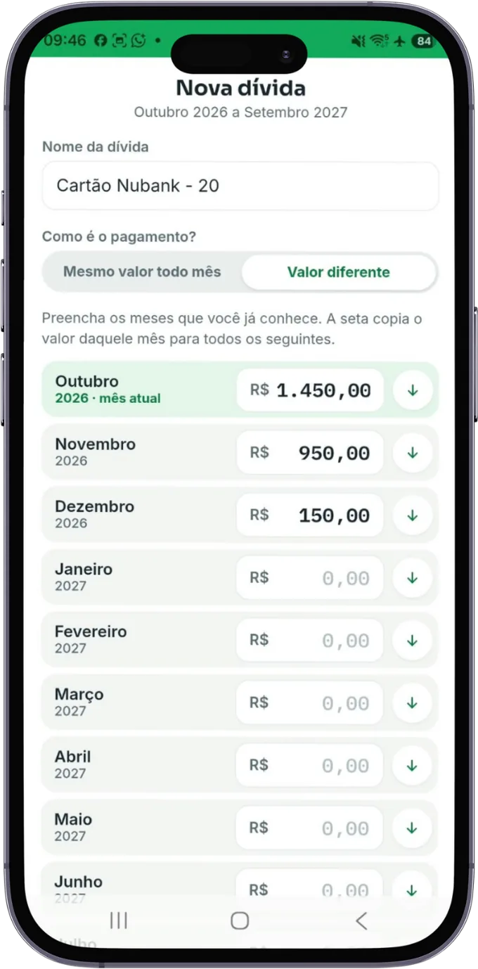 Cadastro de uma dívida no módulo Caixa, mês a mês