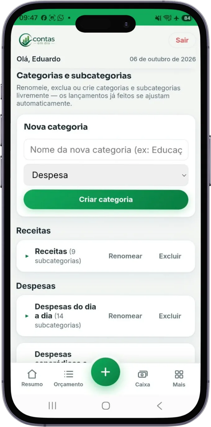Tela de categorias e subcategorias do Contas em Dia