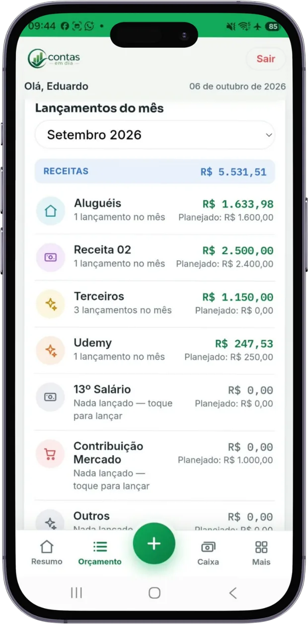 Lançamentos do mês com o realizado e o planejado de cada categoria