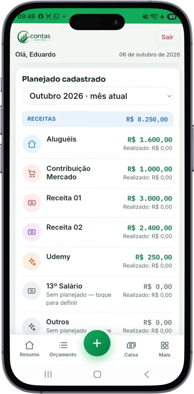 Planejado cadastrado para o mês, categoria por categoria